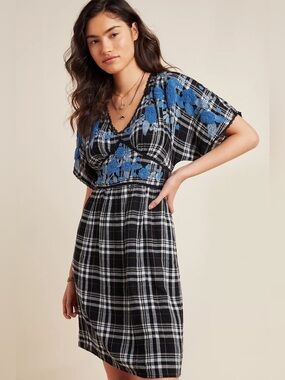 NWT Anthropologie Sarah Plaid Embroidered Tunic Dress Size 8